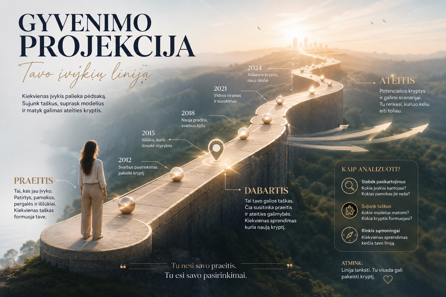 Gyvenimo įvykių projekcijos linija: praeities įvykiai, dabarties pasirinkimai ir ateities kryptis, vedanti į rezultatą